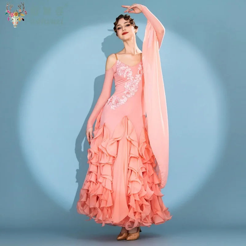 Women's off-shoulder long-sleeve ballroom performance dress