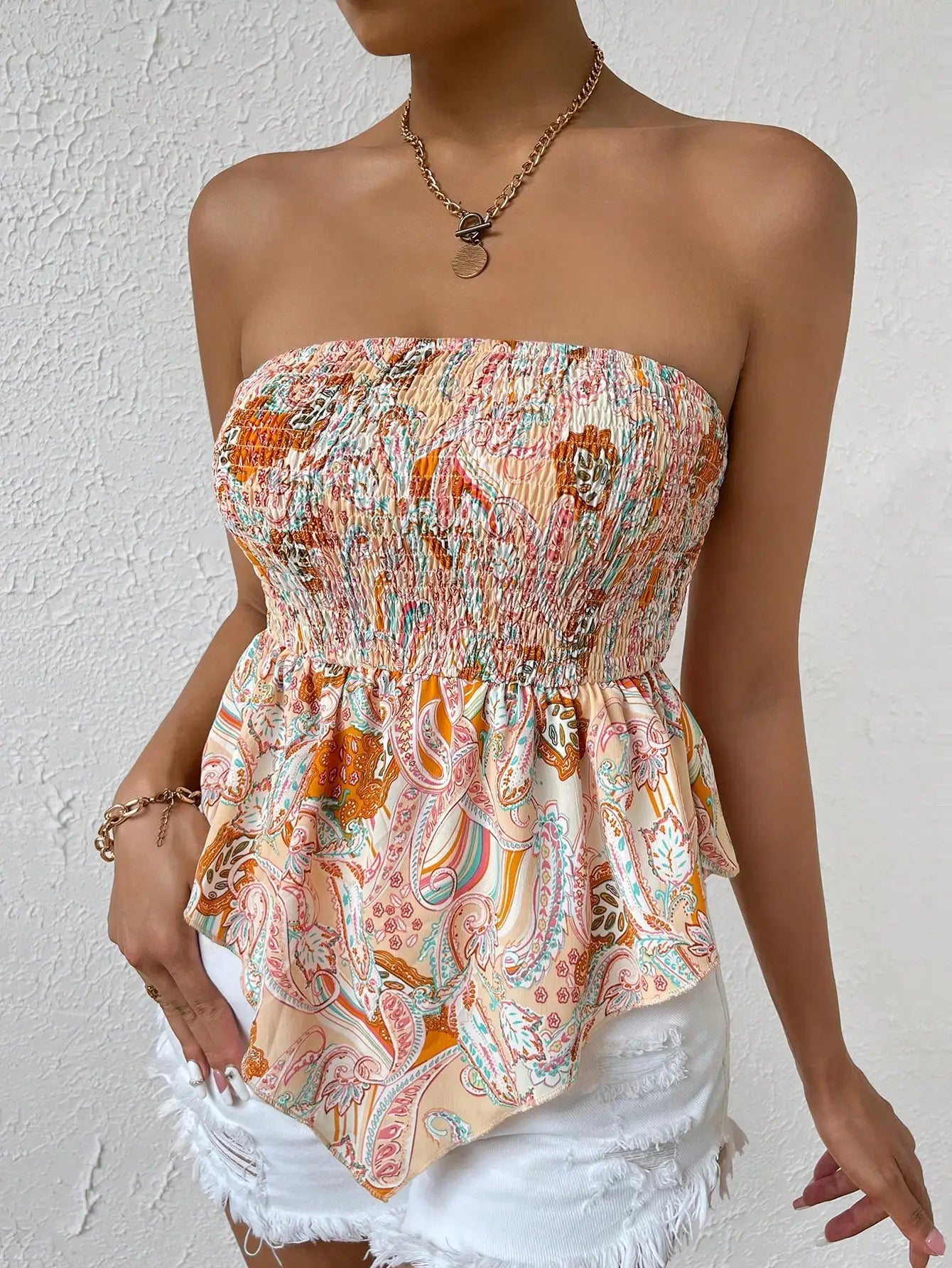 Cross border hot selling for European American women full width printed irregular hem sexy strapless collection summer top