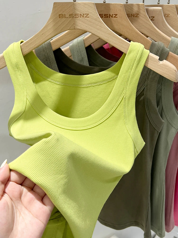 AOSSVIAO Women Solid Round Neck Ribbed Tank Top Camisole Women 2026 Summer Basic Elastic Tank Top O Neck Solid Tank Top