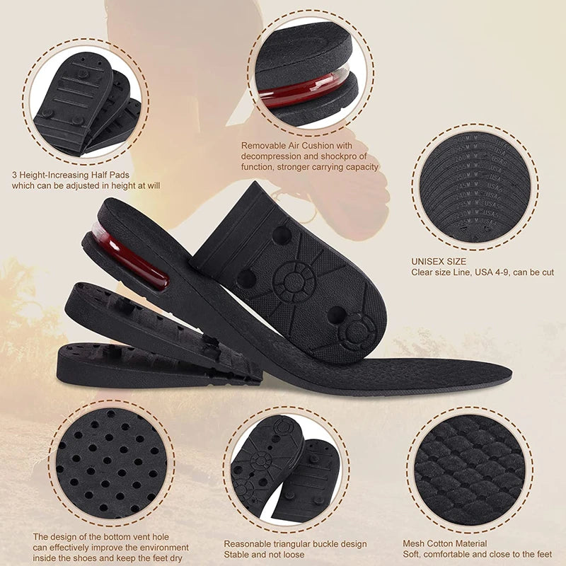 Height Increase Insoles Air Shoe Cushion Lift Insert Men Women 3-9cm Invisible Variable Insole Adjustable Cut Taller Support Pad