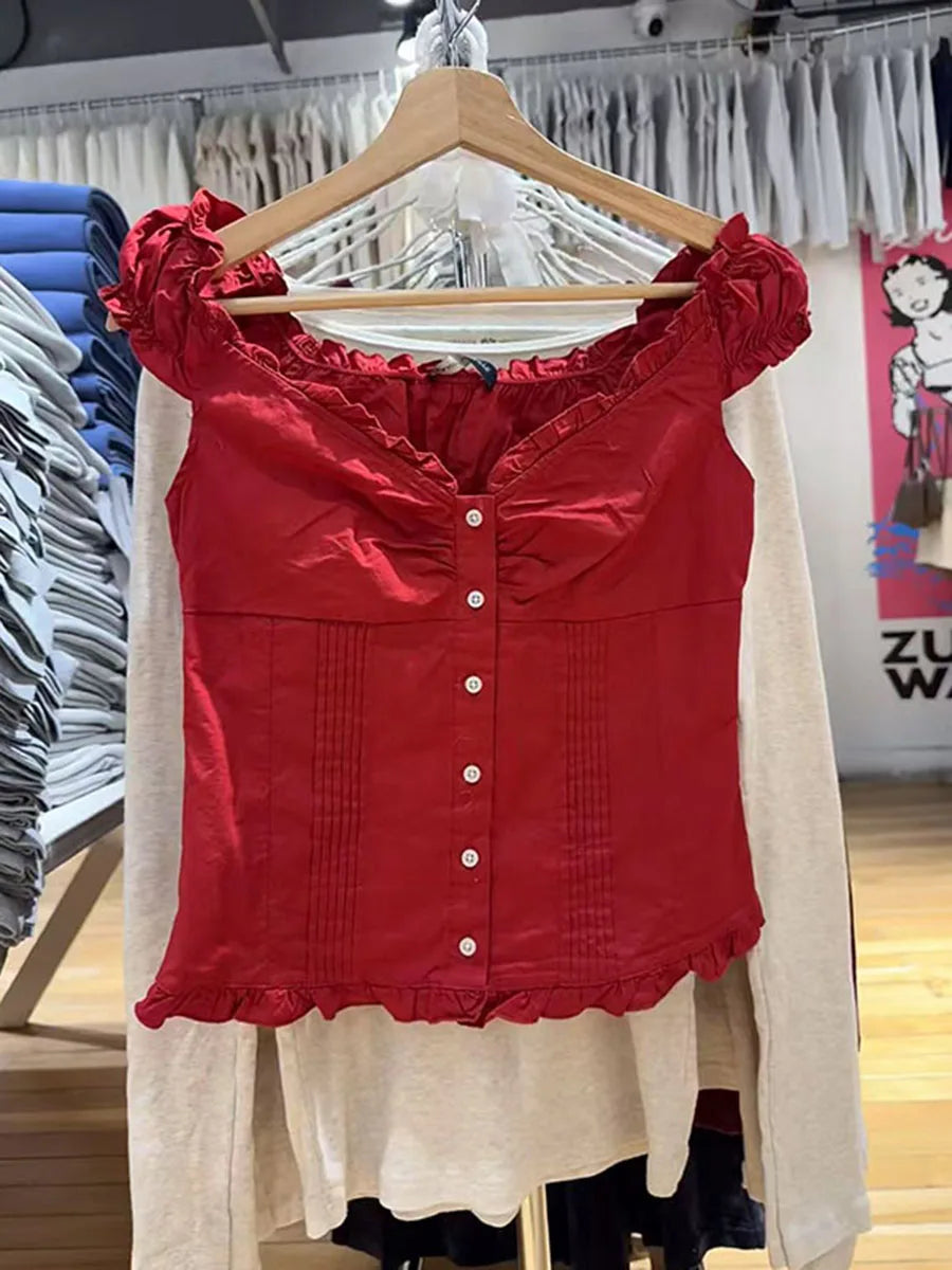 Blue Plaid Fungus T-shirt Women V Neck Single Breasted Puff Sleeve Slim Folds Tee Shirts Summer New Sweet Chic Casual Crop Tops