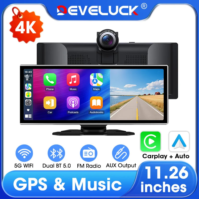 11.26 inch 4K Dash Cam Wireless Carplay Android Auto Fashionable Silver Border Car DVR GPS Navigation Video Recorder Dashboard