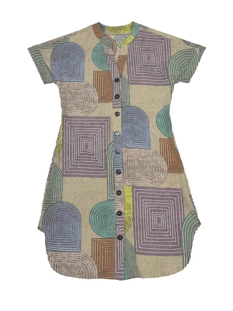 2026 European and American women's clothing foreign trade Amazon summer geometric printing elegant V-neck button up dress