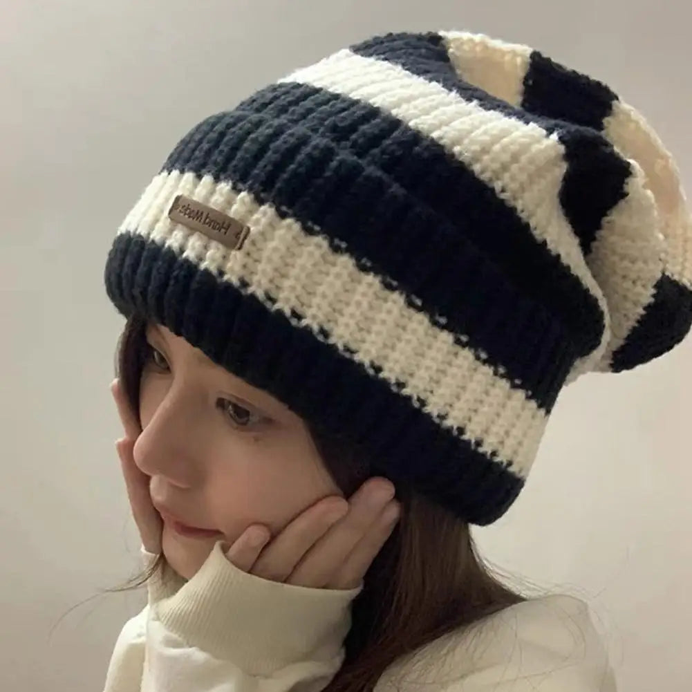 Women's Striped Baggy Beanie - Retro Knit Ear Covering Hat - photo 2