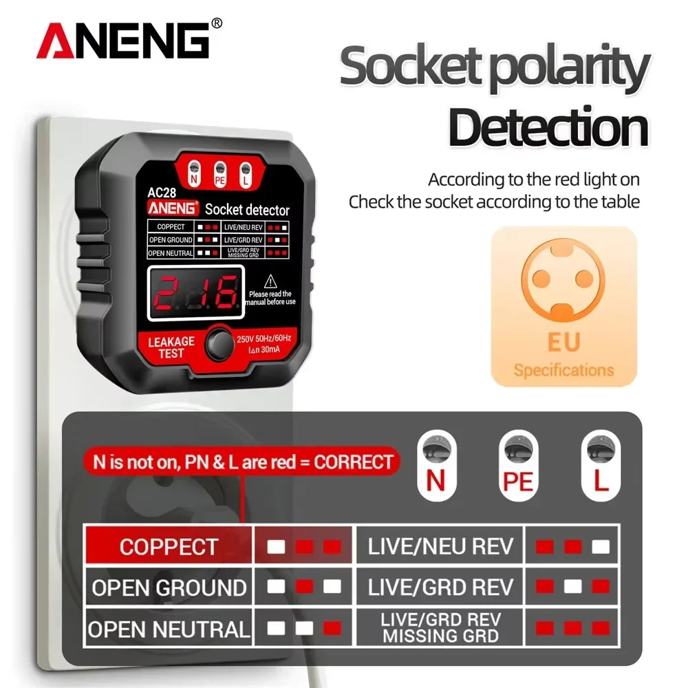 ANENG AC28 Digital Socket Power Tester Smart 50Hz/60Hz Zero Line Phase Circuit  Breaker Finder Check Voltage Tester EU/US Plug