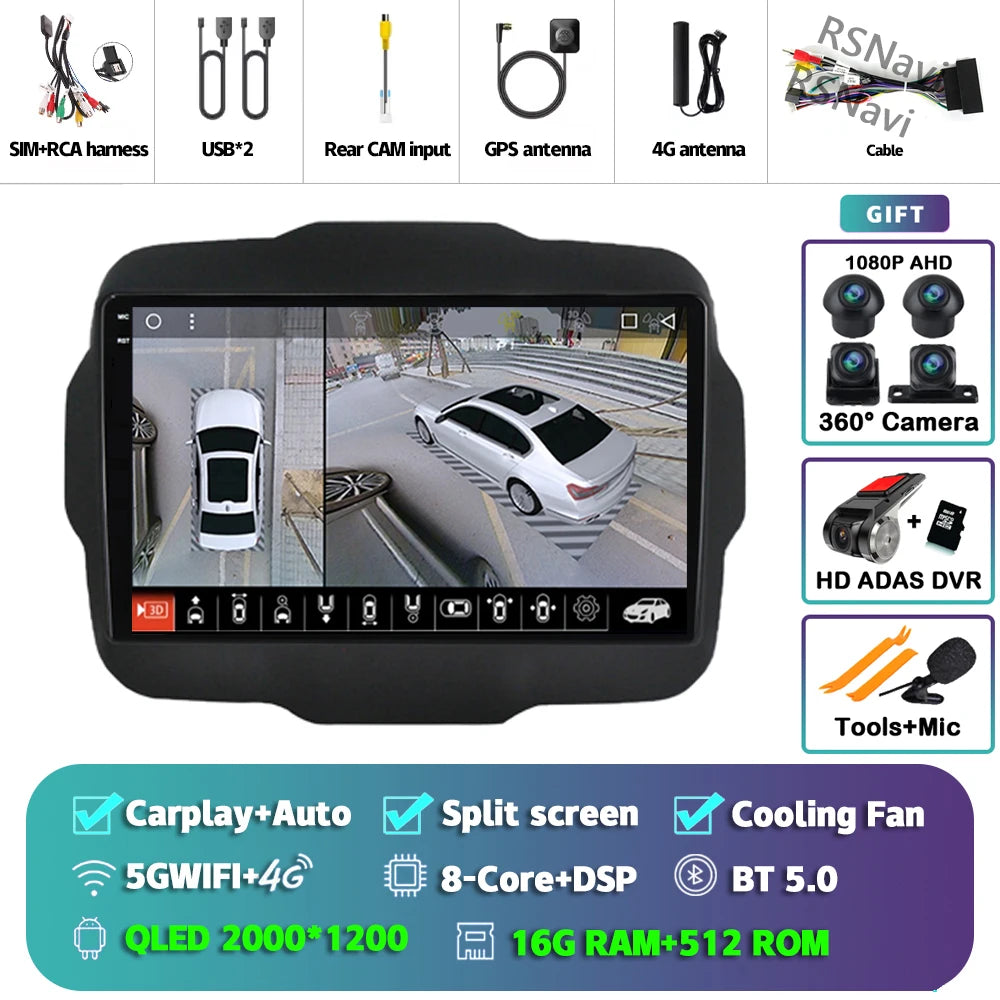 Android 16 For Jeep Renegade 2016 - 2020 2K QLED Android Car Radio Multimedia Video Player GPS AI Voice CarPlay 4G Stereo