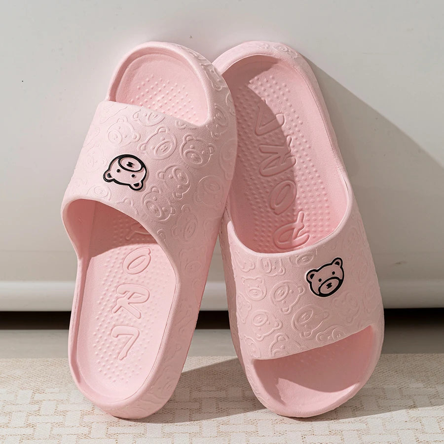 Fashion Cute Printting Bear Women's Slippers Bathroom Non-slip Thick Soft Sole Summer Indoor Comfy Beach Leisure Couple Shoes