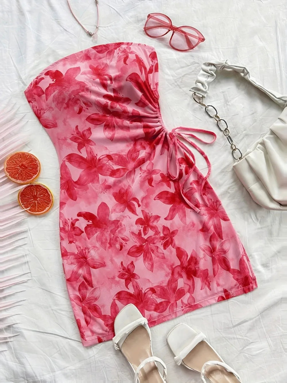 Women's 2026 Floral Print Tube Mini Dress Strapless Backless Party Club Short Ruched Drawstring Bodycon Party Dresses Streetwear