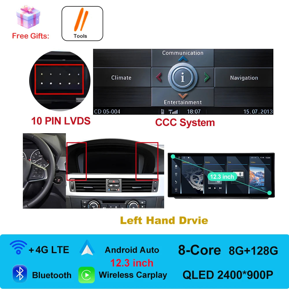 Car Stereo with Apple CarPlay & Android Auto, Compatible with BMW 3 Series E90 E91 E92 (CCC/CIC)