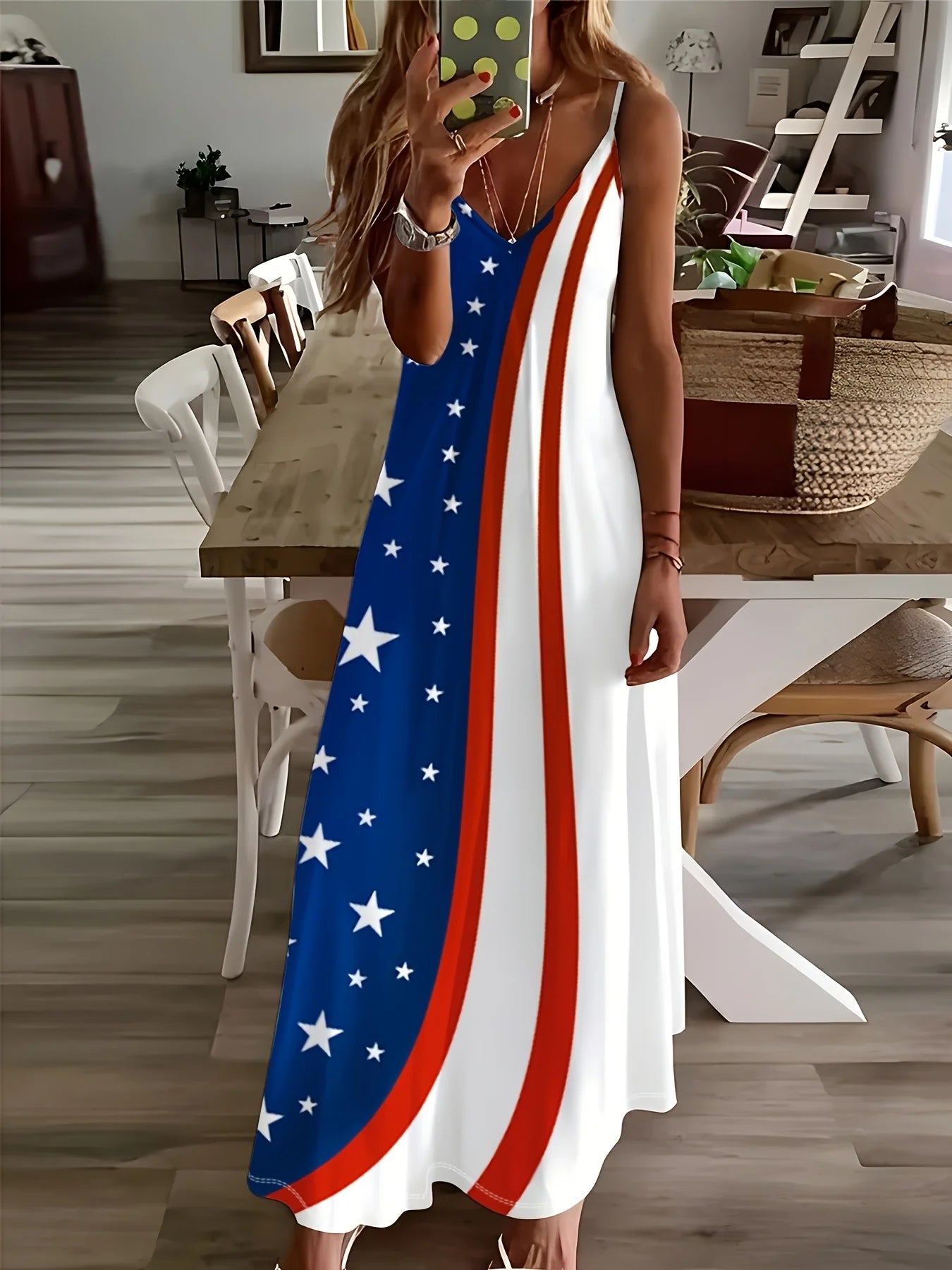 Women's American Flag Stars Long-Sleeve Dress – V-Neck A-Line Casual Vacation Dress