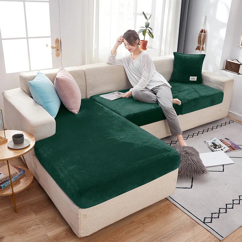 Velvet Sofa Covers for Living Room Elastic Plush Sofa Seat Cushion Cover Soft Couch Slipcover Furniture Protector for Home