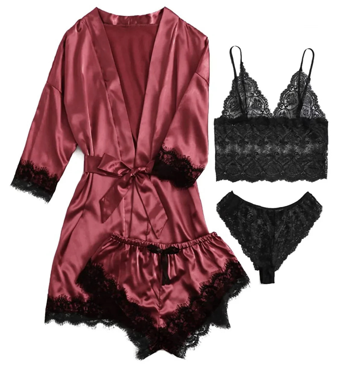 Women's 4-Piece Lace Camisole Pajama Set – Sexy Lingerie Nightgown, Shorts, Robe & Leisurewear | S–XXL (7 Colors)