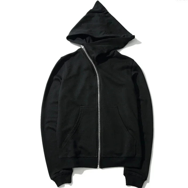 Men's Hooded Zip-Up Cloak Jacket, Black Streetwear