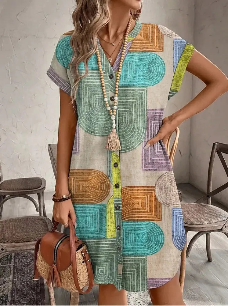 2026 European and American women's clothing foreign trade Amazon summer geometric printing elegant V-neck button up dress