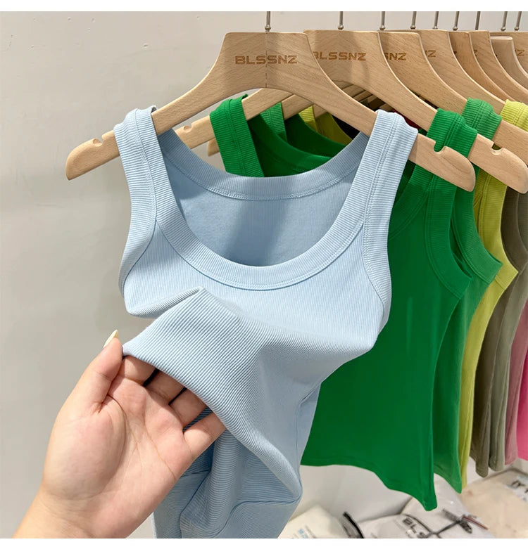 AOSSVIAO Women Solid Round Neck Ribbed Tank Top Camisole Women 2026 Summer Basic Elastic Tank Top O Neck Solid Tank Top