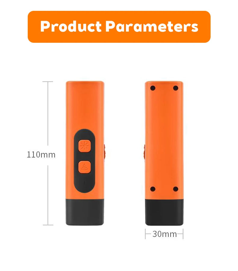Rechargeable Ultrasonic Dog Repeller & Anti-Bark Deterrent – Dog Training Device with LED Flashlight | Orange