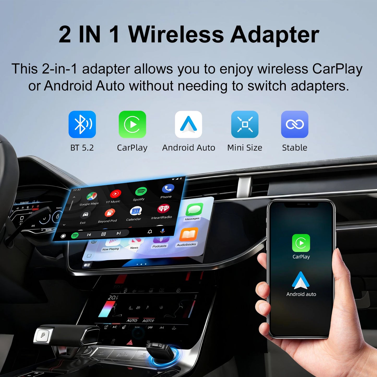 Ezonetronics 2-in-1 Wireless CarPlay & Android Auto Adapter — for Factory Wired-CarPlay Cars