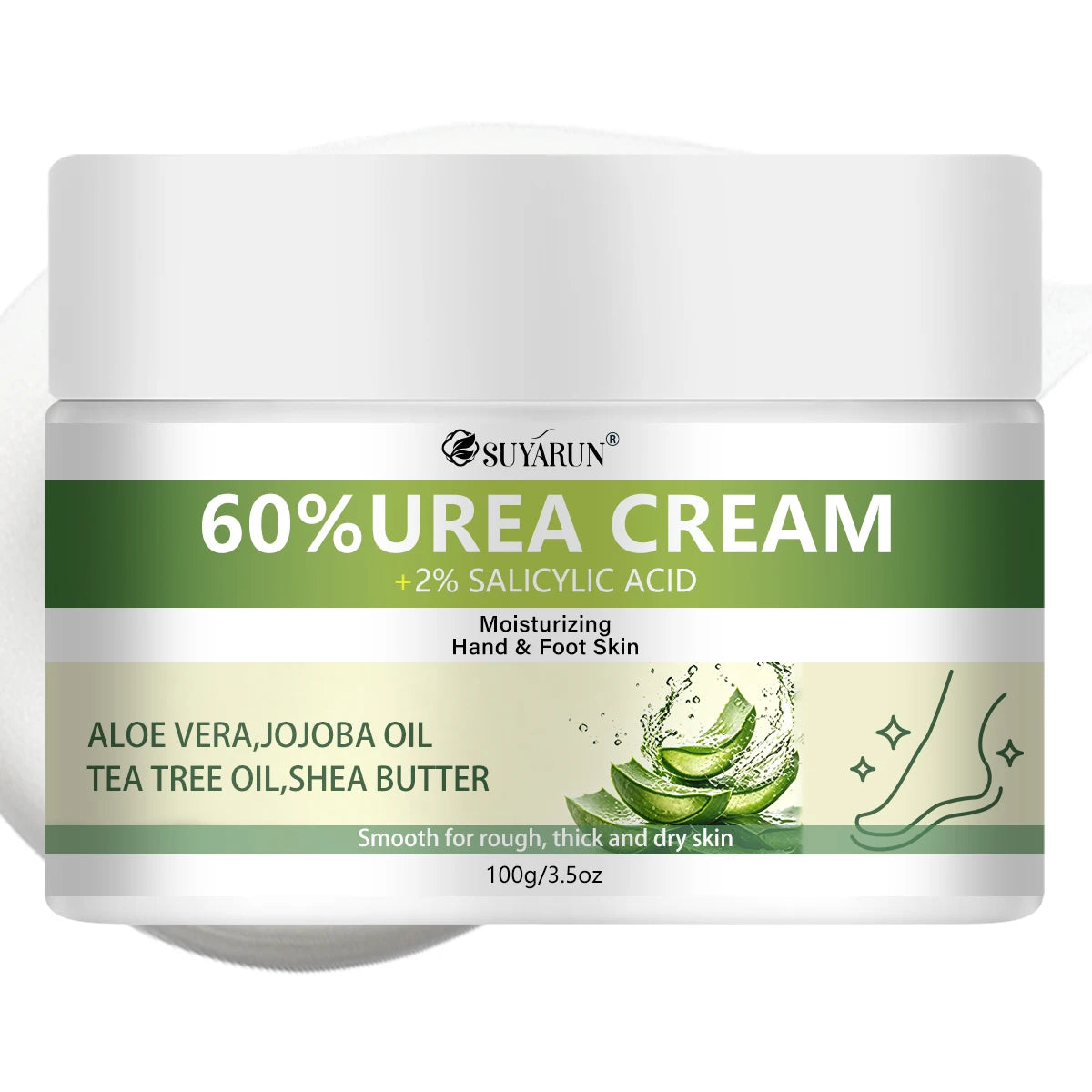 SUYARUN 60% Urea+2% Salicylic Acid Exfoliating Foot Cream, Aloe & Tea Tree, Soothing Moisturizing & Hydrating for Cracked Heels.