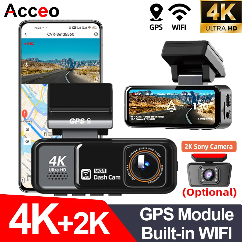 Acceo 4K Dashcam WIFI GPS CAR Video Recorder Dual Lens Support 2.5K Rear Camera Night Vision 24H Parking Monitoring Black Box