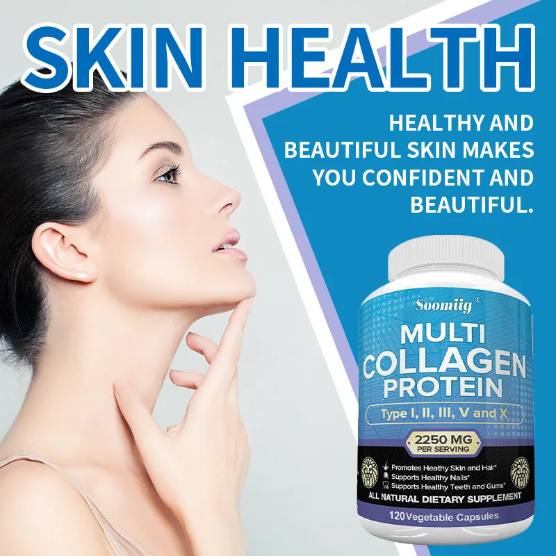 SOOMIIG Multi-Collagen Peptides Capsules – Types I II III V X | Hair, Skin, Nails, Joints & Gut Health | Gluten Free, Non-GMO | 30/60/120 Count
