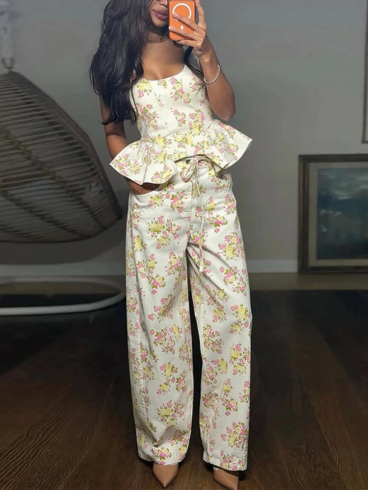 Ruffle Floral Top & Lace-Up Pants Set — Women's 2-Piece
