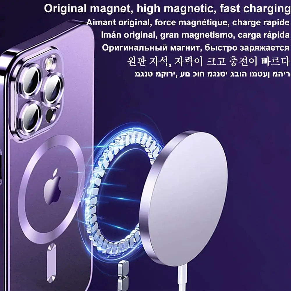 Magnetic Plating Phone Case Compatible with iPhone 11 to 16 Pro Max - Camera Lens Protector, MagSafe Wireless Charging Cover