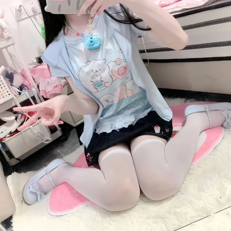 Kimutomo Japanese Petite Sweet Cute Replica Girl Outfit Short Sleeved Top Women Versatile Group Print Butterfly Round Neck