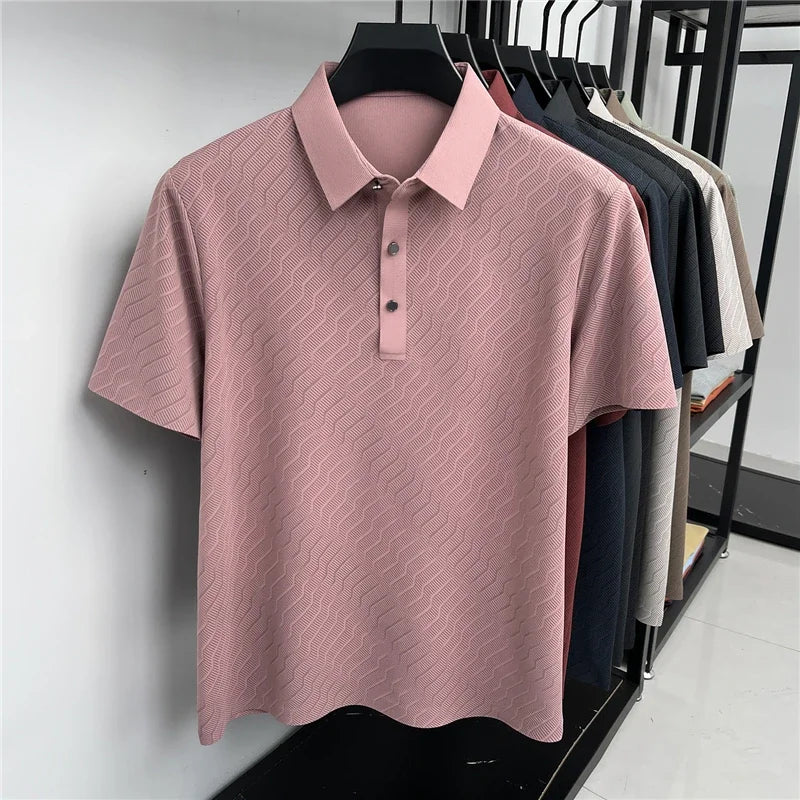Men's Hollow-Mesh Polo - Wave Pattern, Slim Elastic Business Fit