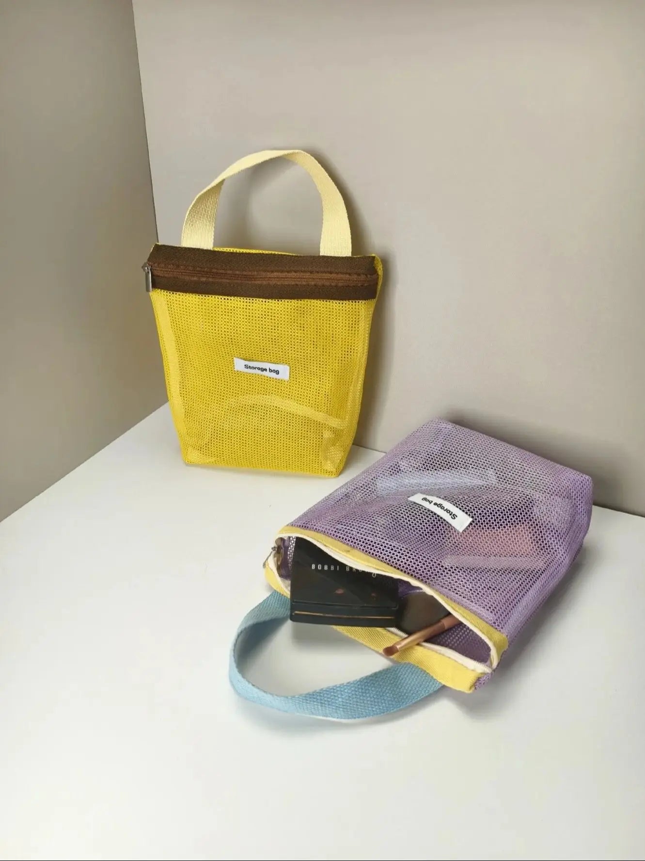 Ins Style Vibrant Bright Color Summer Mesh Tote Bag Small Cosmetic Bag Handbag Foldable Portable Toiletry Bag Women's Beach Bag