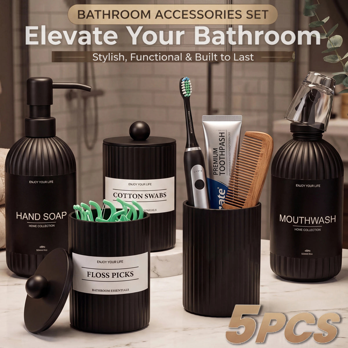 Bathroom Vanity Accessories Set, Reusable Soap Bottle, Storage Jar, Toothpaste Cup and Mouthwash Dispenser for Housewarming Gift