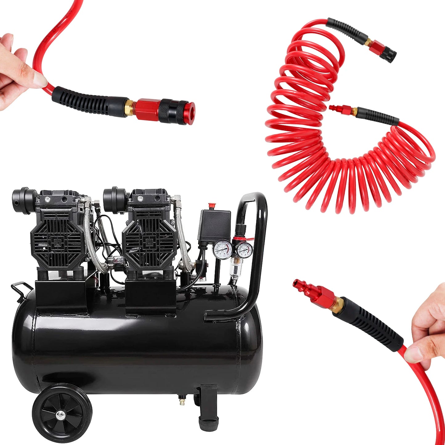 25FT Air Compressor Hoses with Coupler and I/M Plug Sturdy Flexible PU Recoil Air Hose Reliable Anti Kink Tool Accessory 300 PSI