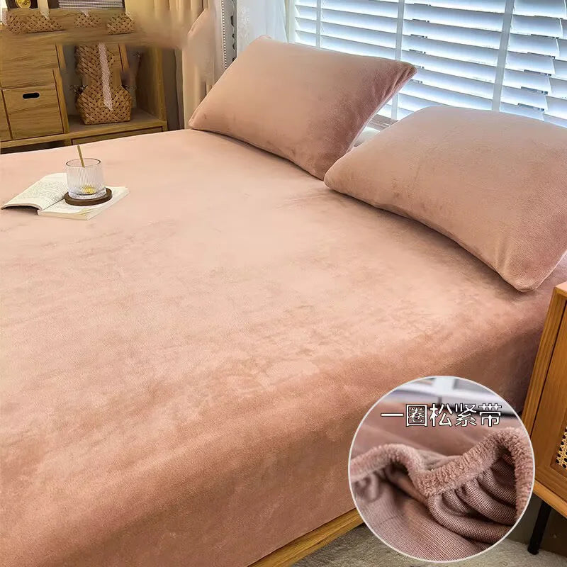 Soft warm plush fitted sheet elastic mattress cover fluffy coral fleece bed linen winter couple luxury double bed bedding﻿﻿