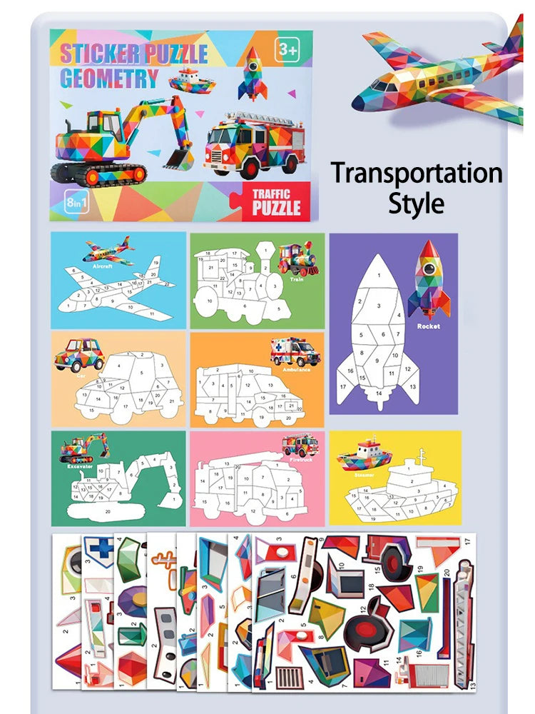 3D Puzzle Stickers DIY Craft Kits Animal Collage 5 Themes Back-to-School Gift Creative Educational 9-PCS Kit with Clips