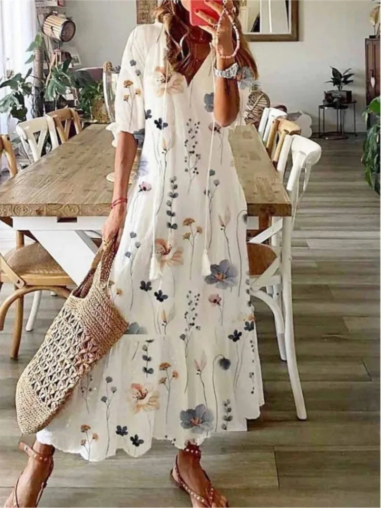 2026 Women Vintage Print Bohemian Dress Summer Fashion V Neck Half Sleeves Long Dresses Female Casual Holiday Beach Dresses