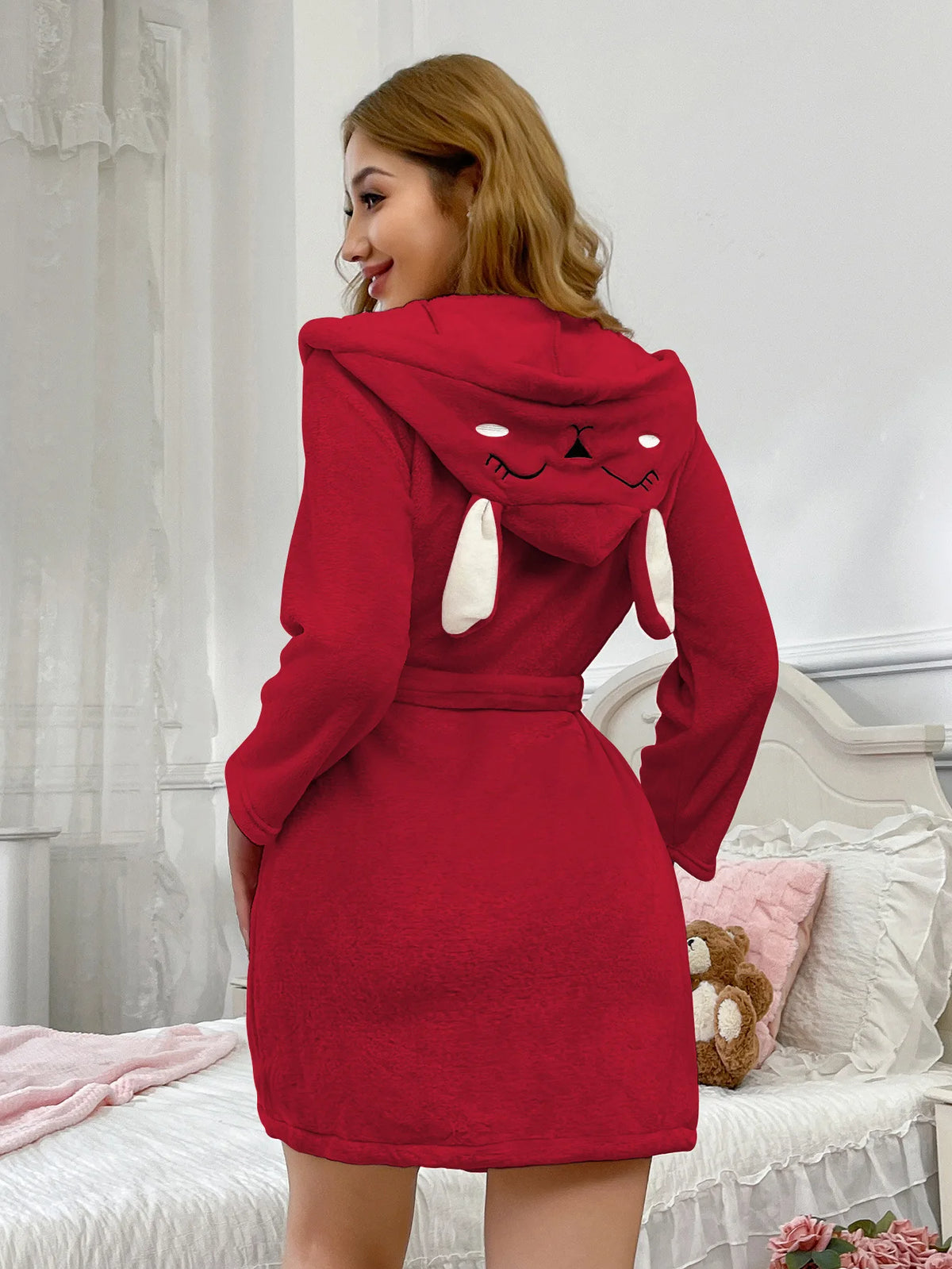 Women's Fluffy Hooded Short Bathrobe