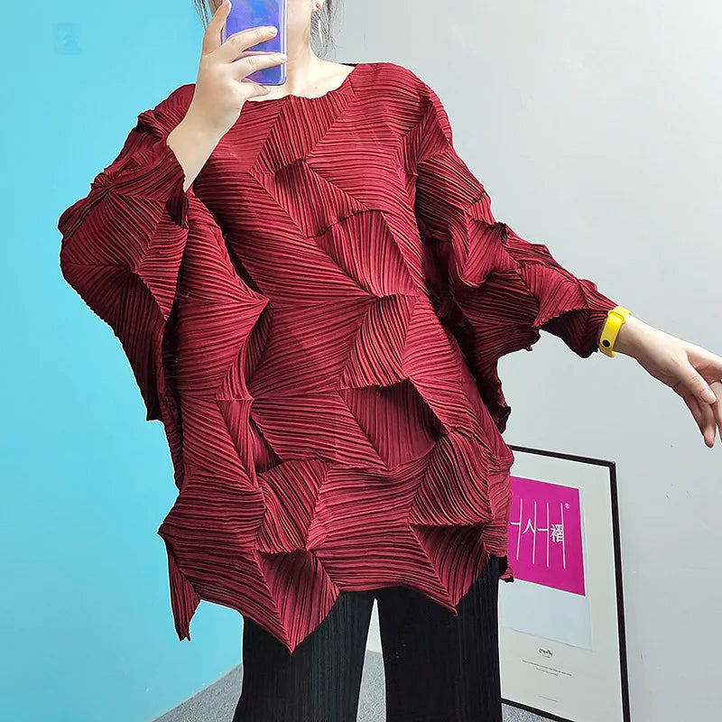 Miyake-Style Pleated T-Shirt - Women's Loose Round-Neck Summer Top