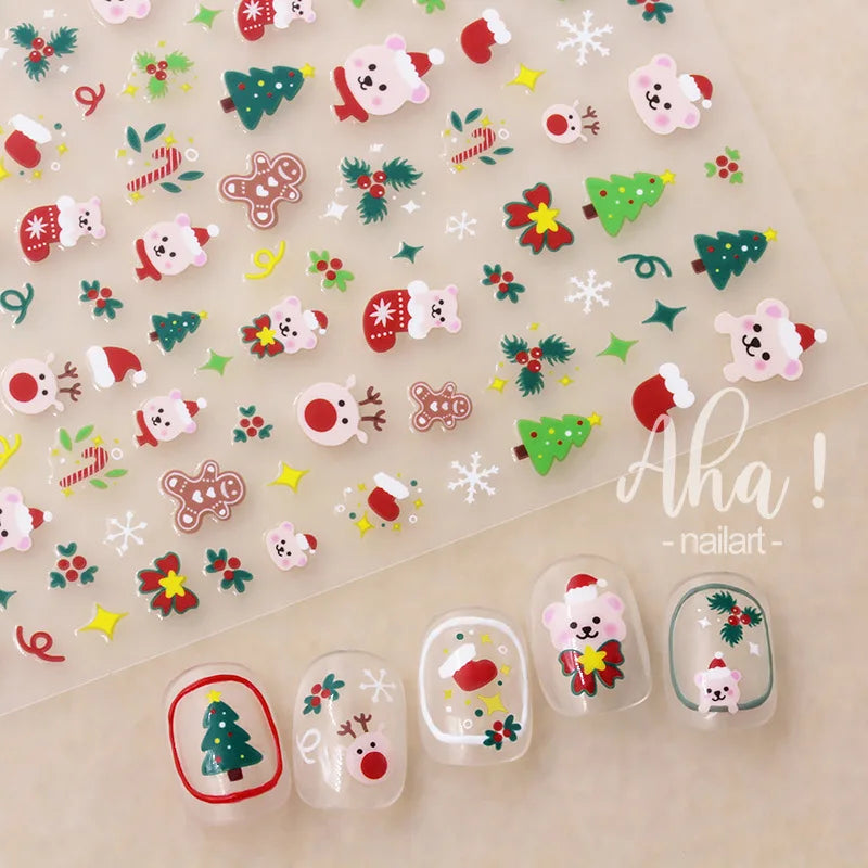 1pcs 5D Embossed Snowflakes/Snowman/Santa Claus/Reindeer Nail Art Stickers Self-Adhesive Cute Christmas Nail Art Decals 8*10CM