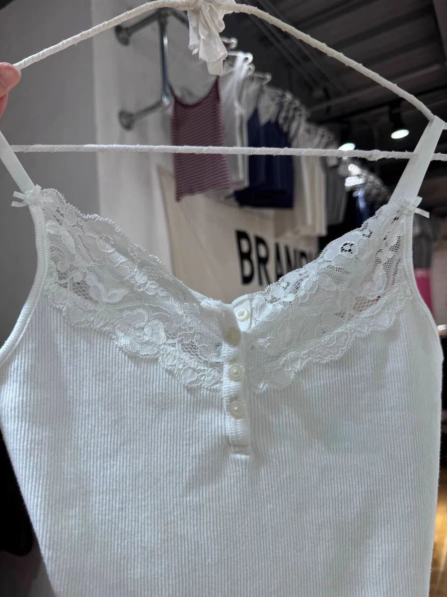 Lace Trim Buttons Ribbed Slim Tank Top Woman Summer Sleeveless Cotton White Simple Vest Vintage Sweet Basic Camisole Y2k Tops