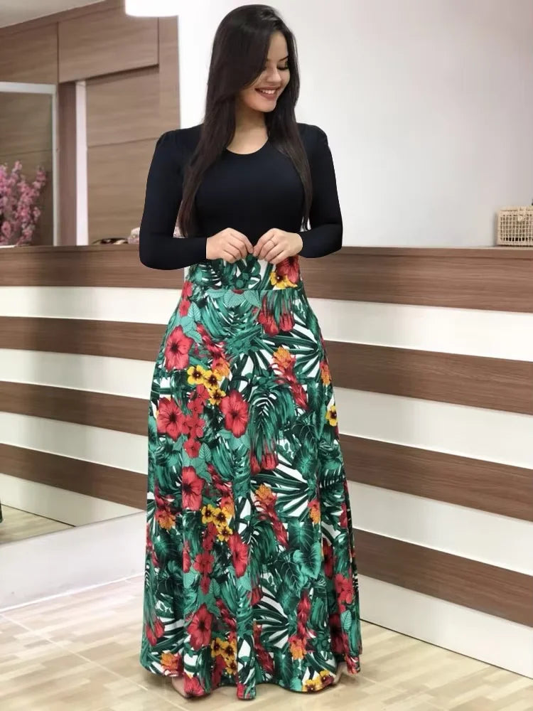 2025 European and American style flower print color matching short sleeved dress for women's large swing skirt