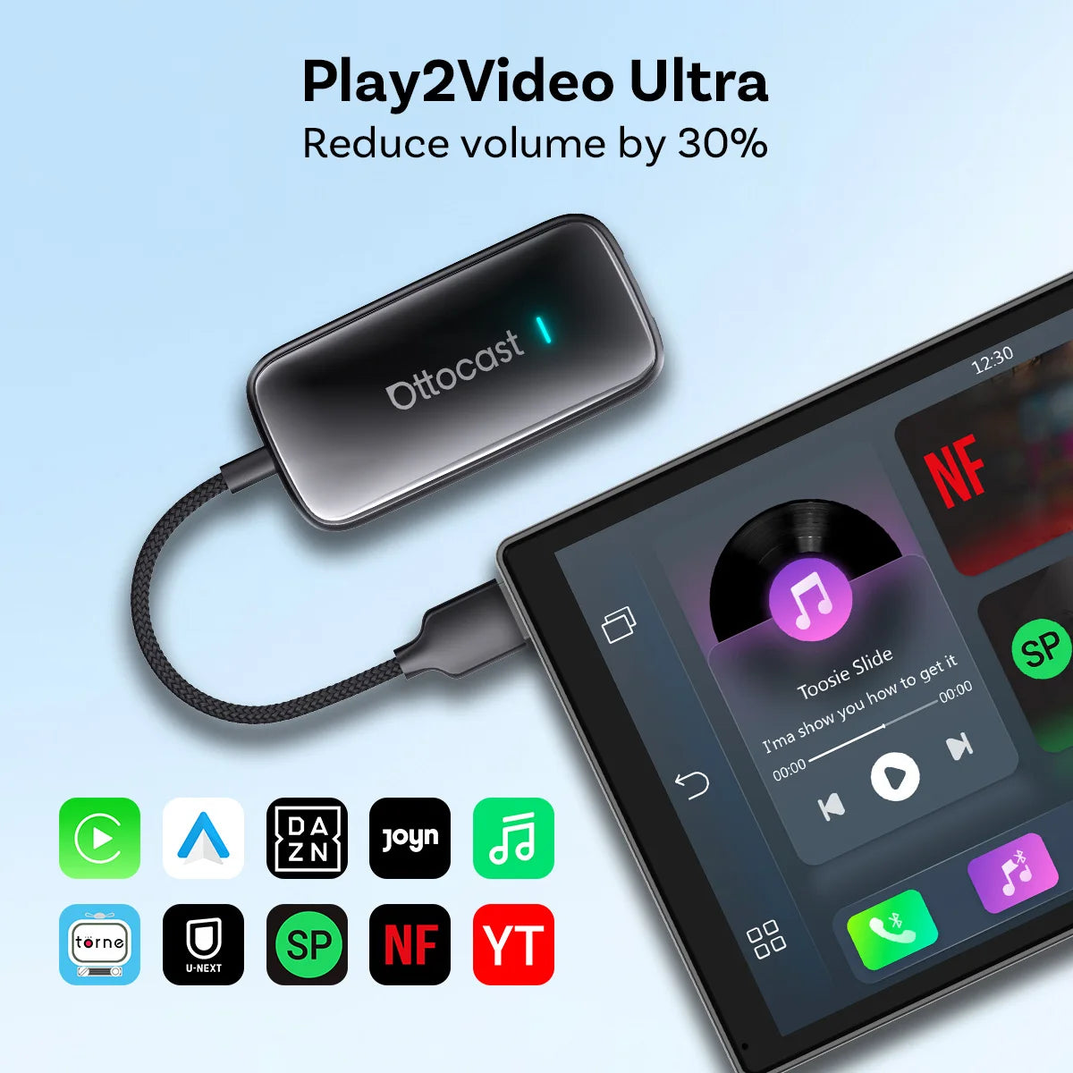 Ottocast Play2Video Ultra Wireless CarPlay Car MultimediaSmart Box Hi-res 1080P with Local Media Playback Portable WiFi6 For VW