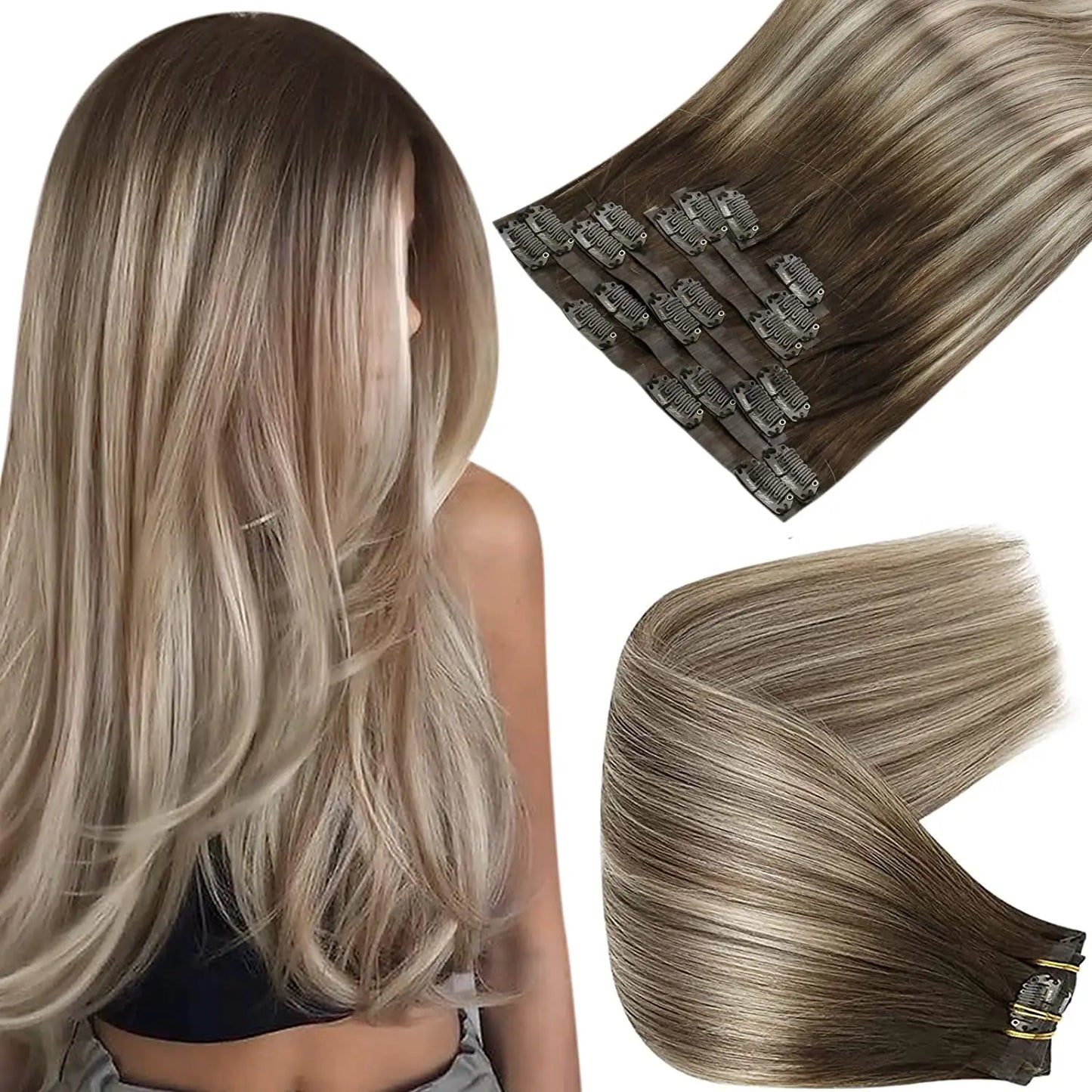Full Shine Seamless Clip in Hair Extensions Remy Human Hair 8Pcs 120g & 80g Clip In Hair Extensions Human Hair Blonde Skin Weft