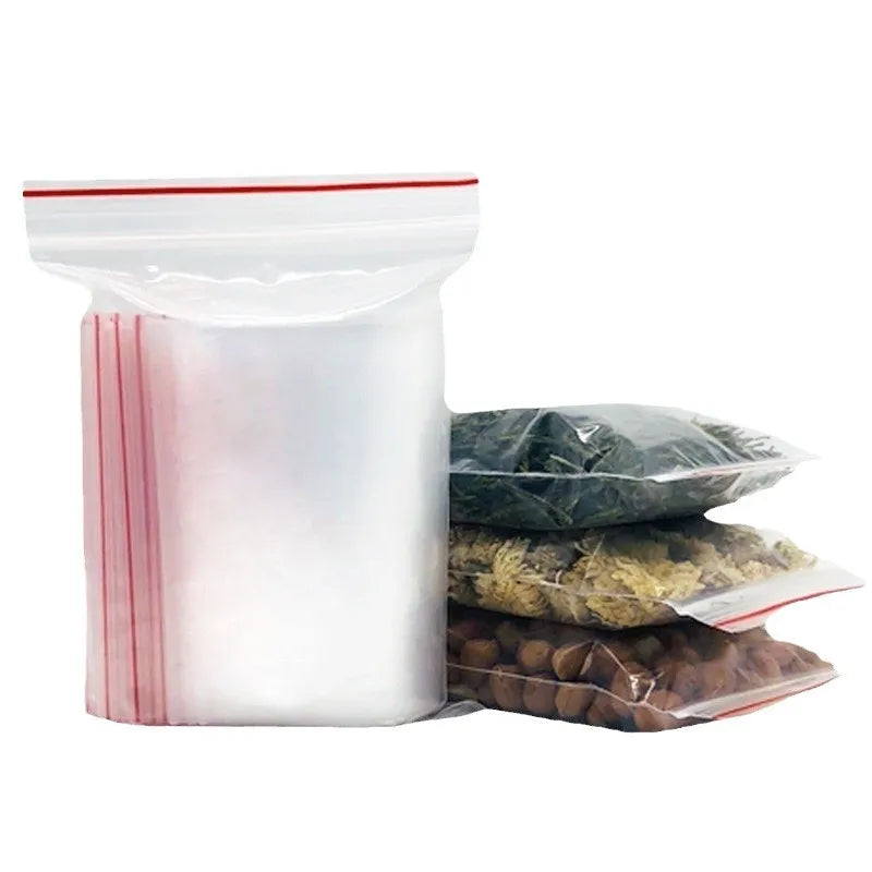 100PCS Clear Zip Lock Bags 10×15cm – Food-Safe Reusable Storage with Red Seal Strip | Waterproof