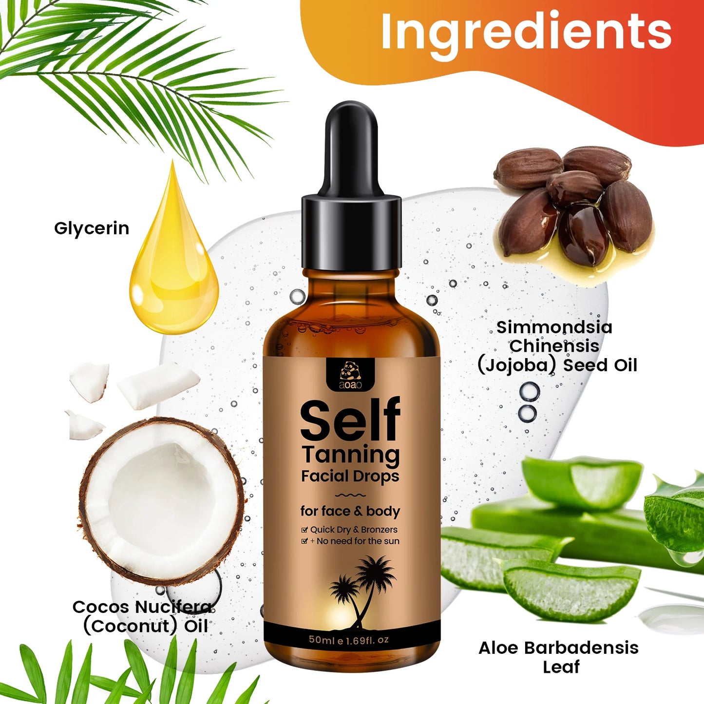 aoao Self Tanning Drops , Hyaluronic Acid & Vitamin E ,Low Allergenic Formula, Natural Ingredients for Sunless Tanning Products