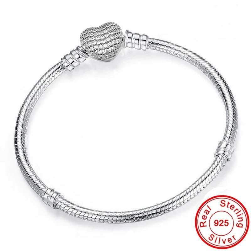 925 Sterling Silver Zircon Charm Bracelet – Snake Chain Bangle for Women | 5 Styles, 16–23cm