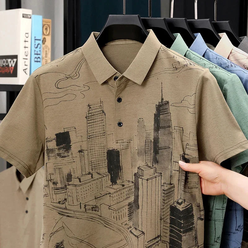 Men's Line-Drawing Polo - Soft Elastic Knit, Two-Button Lapel