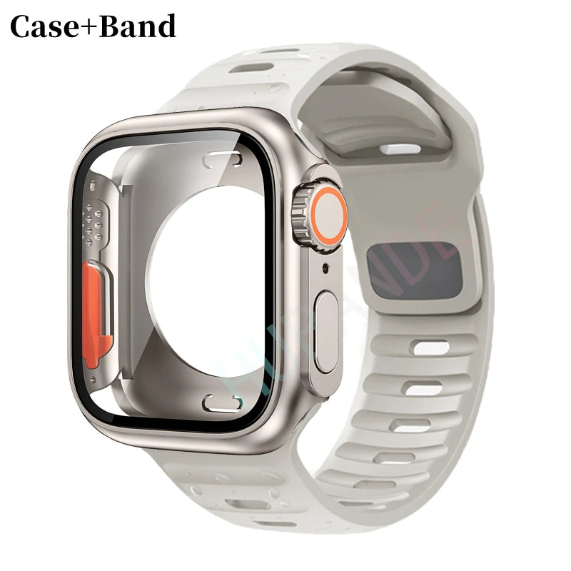 Silicone strap For Apple Watch 44mm 45mm 41mm 40mm Bracelet+Screen protectores Change to Ultra For iWatch Series 9 8 7 SE 6 5 3