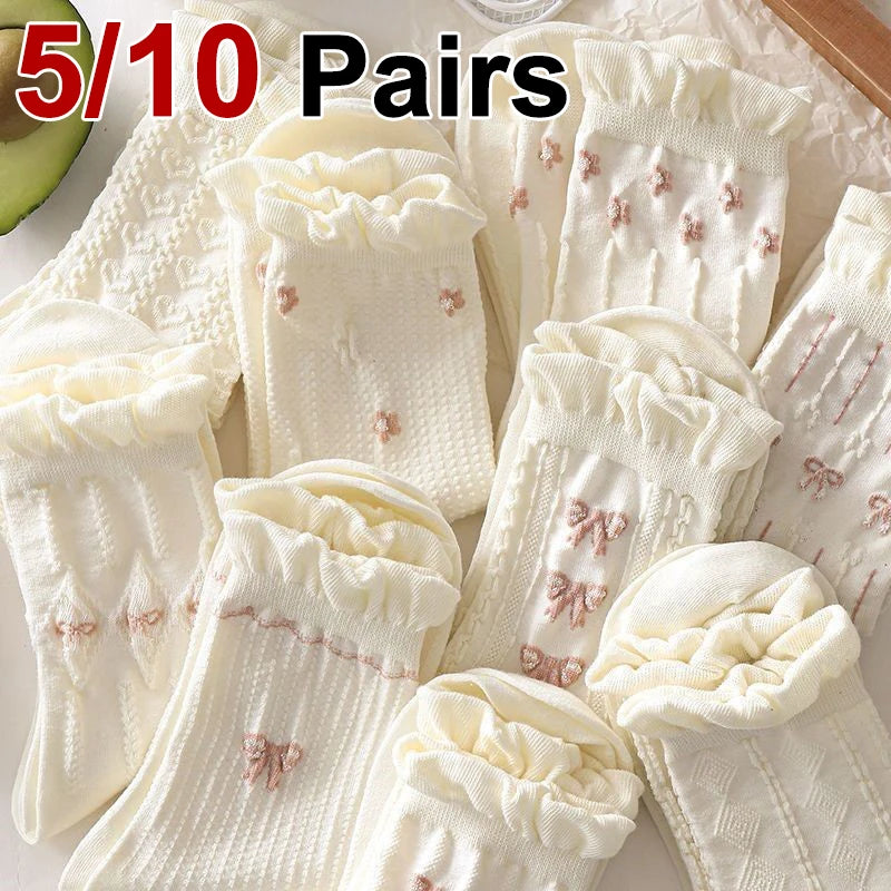 Women's Mid-Tube Socks 5/10 Pairs - Cute Bow & Floral