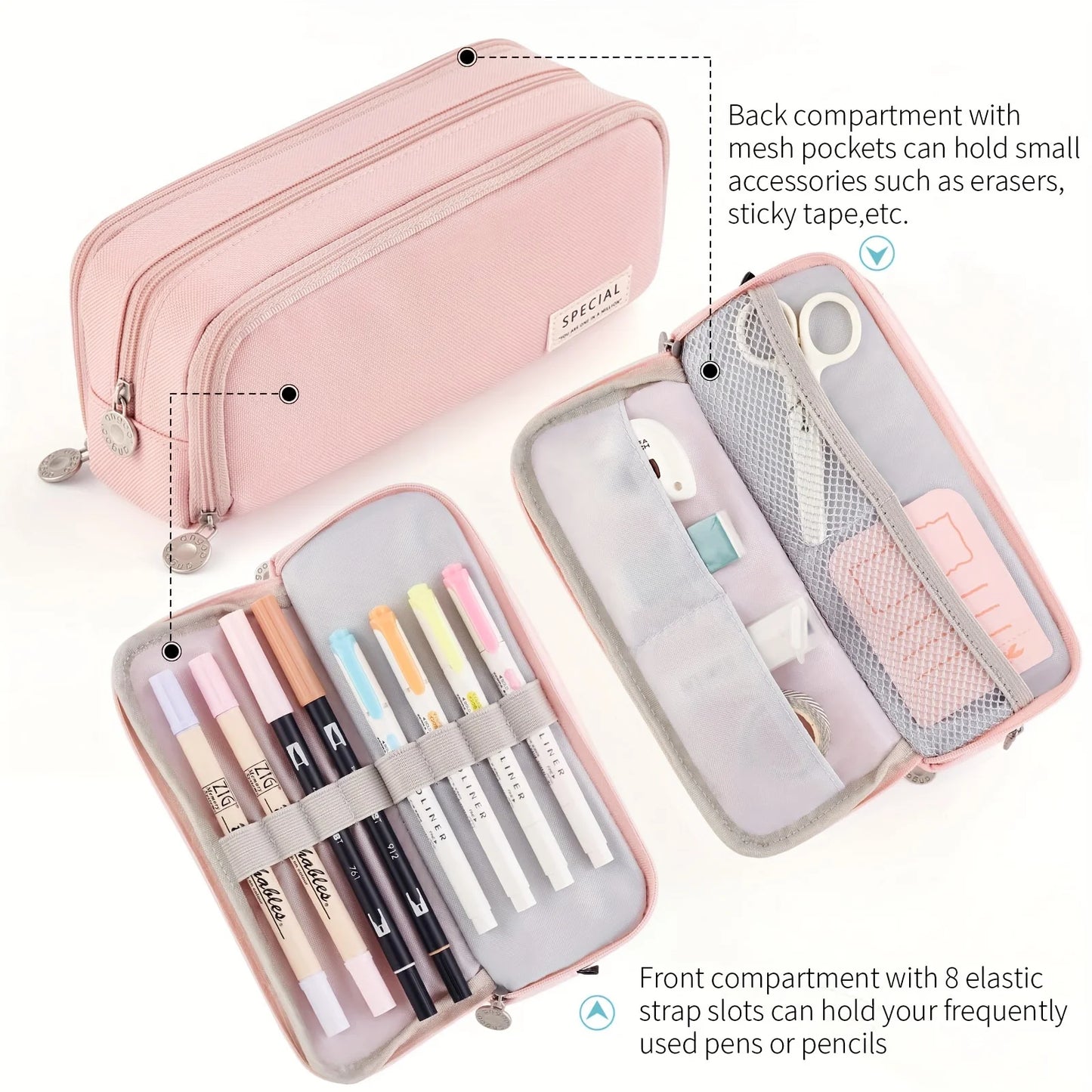 Pink girl-style pencil case with multiple layers and large capacity, sturdy and durable. Perfect partner for stationery storage