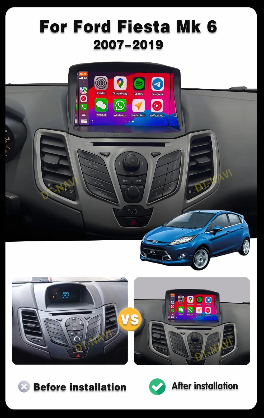 Car Stereo with Apple CarPlay & Android Auto, Compatible with Ford Fiesta Mk6 (2008-2019)