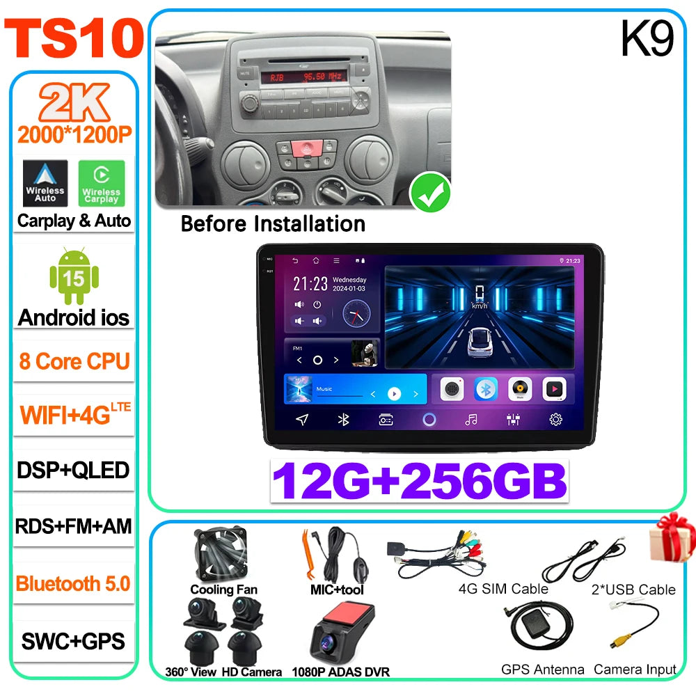 Car Stereo with Apple CarPlay & Android Auto, Compatible with Fiat Panda 169 (2003-2012)
